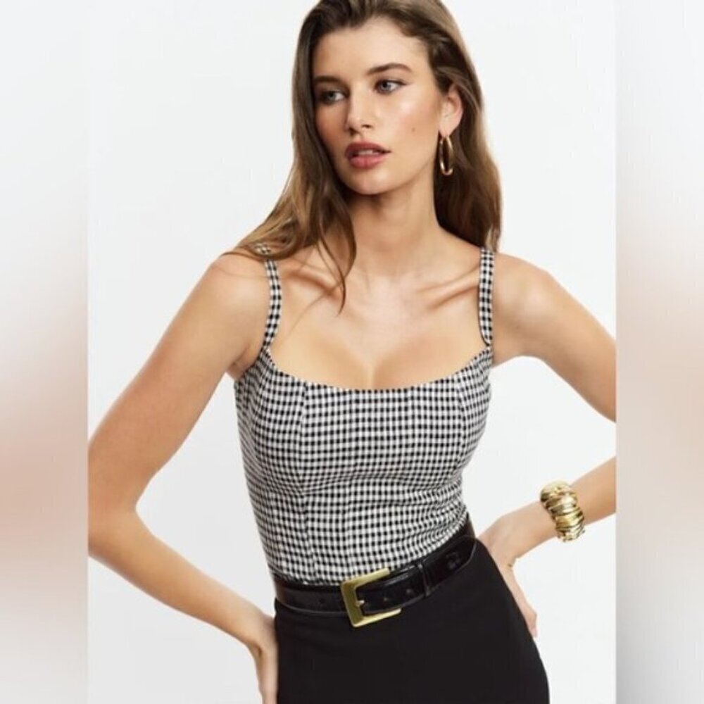 NEW Reformation Hattie Linen Top in Black and White Remy Check | size US 0
